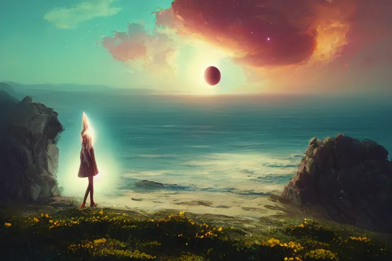 Image similar to giant white daisy flower over head, girl standing on rocky cliff, surreal photography, eclipse, milky way, dramatic light, impressionist painting, colorful clouds, digital painting, artstation, james gilleard, liam wong, jeremy mann, simon stalenhag