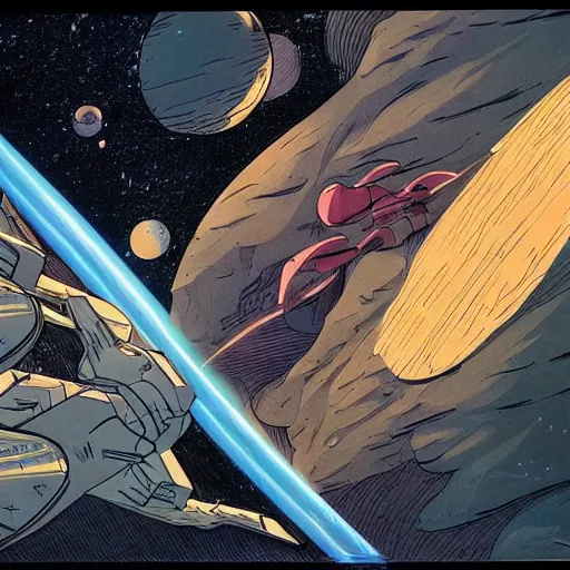 Prompt: a battle in the space, moebius style.