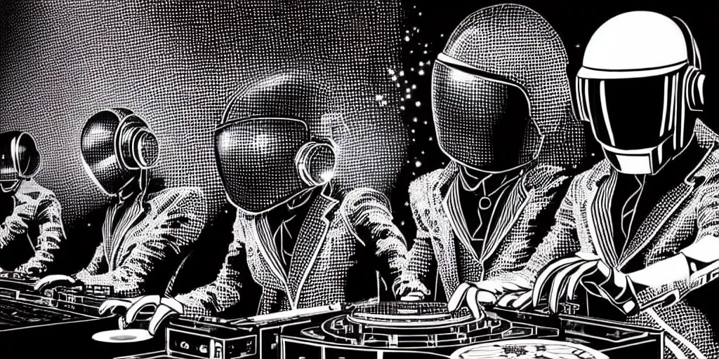 Image similar to intricate detailed artwork of Daft Punk using dj controller at an underground rave party in Ibiza, playing techno house music LOUD, thousands of beautiful girls in bikini dancing on the dancefloor, in the style of Moebius, wires, speakers, black and white ink, some ink drips