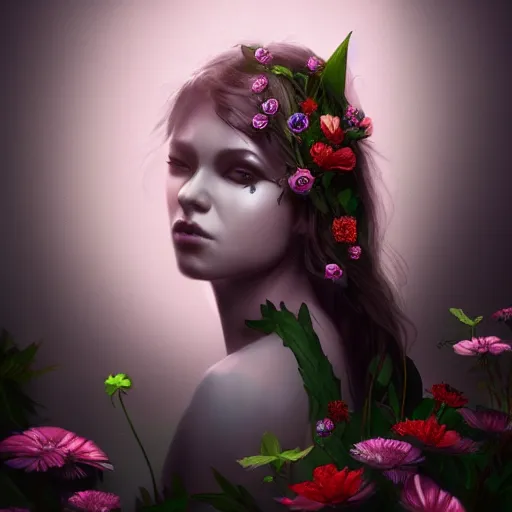 Image similar to Portrait of a dark fantasy nymph, flowers and plants surrounding, stunning, concept art, artstation, dramatic lighting, minimalism