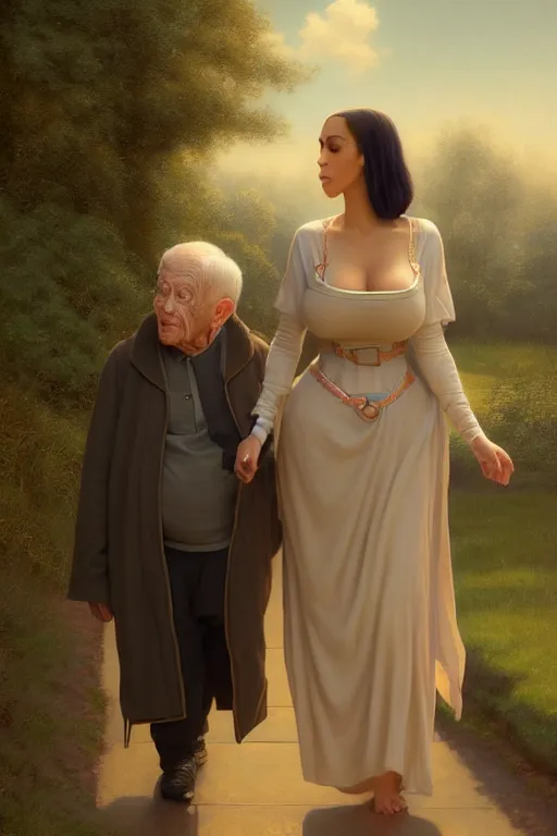 Image similar to Pete Davidson As A Short Midget Being Walked By Old Granny Kim Kardashian, illustration, soft lighting, soft details, painting oil on canvas by Edmund Blair Leighton and Charlie Bowater octane render, HDR, trending on artstation, 4k, 8k, HD