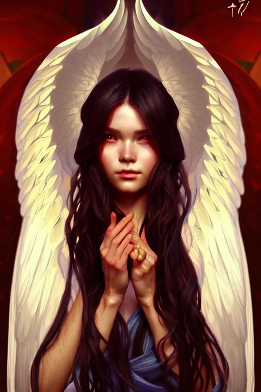 Image similar to beautiful casual angel warlock portrait, highly detailed, digital painting, artstation, sharp focus, illustration, art by tan zi and ayanamikodon and alphonse mucha and wlop