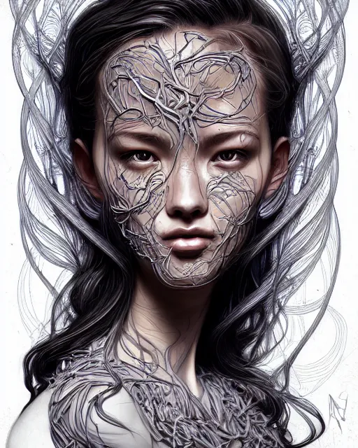 Image similar to digital art, centered portrait with face made with intricate roots, by james jean and by artgerm, by ross tran, ultradetailed, charachter design, concept art, trending on artstation,