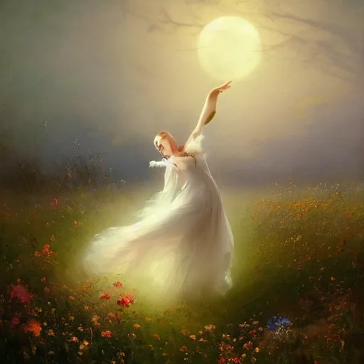 Prompt: the moonlit dance of the fae, dancers in white dancing across a flower meadow the moonlit dance by elena vizerskaya and ivan aivazovsky, perfectly detailed, artstation, sharp focus, highly detailed, studio photography, atmospheric, trending on artstation, surrealist, volumetric lighting