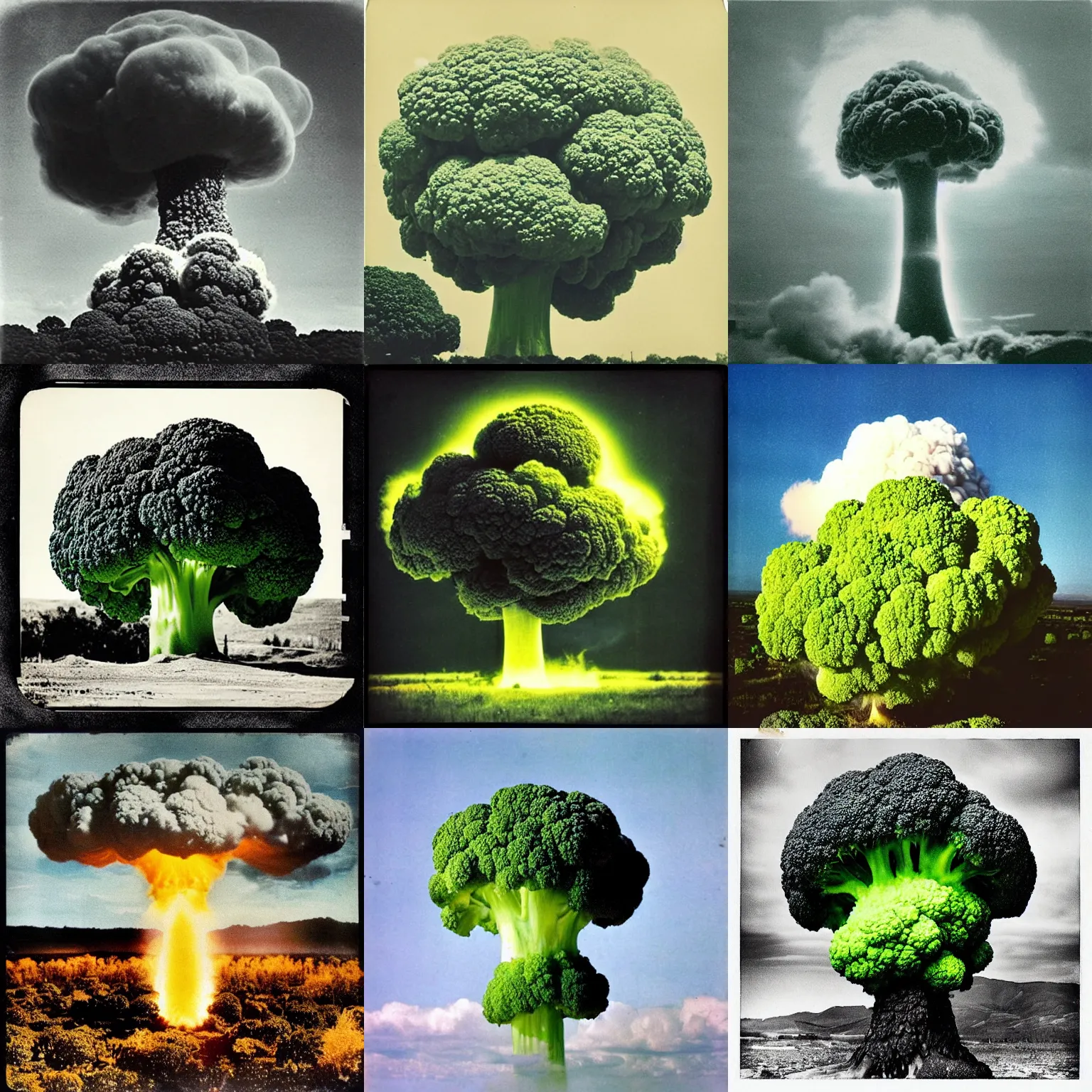 Prompt: “Vintage photograph of a nuclear mushroom cloud explosion made of one giant broccoli, 70mm, archival, news, expired film”