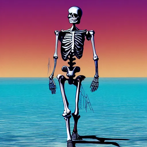 Prompt: relaxed skeleton walking on a tropical beach, nuclear bomb explosion in the background, high quality, trending on Artstation, realistic, tropical color scheme, anatomically correct skeleton, high coherence, clear blue sky