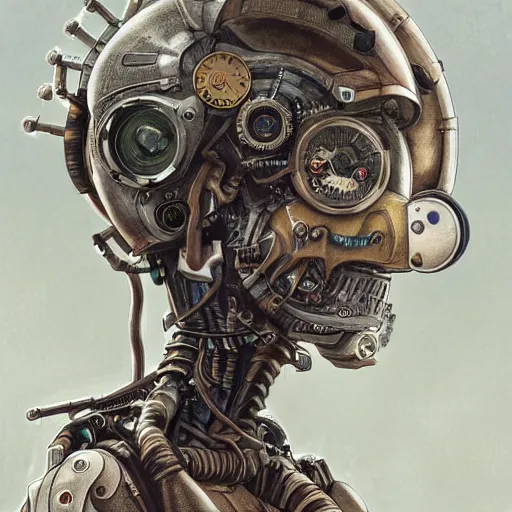 Image similar to portrait painting of a steampunk cyborg conspiracy theorist, transhumanism, ultra realistic, concept art, studio ghibli, intricate details, eerie highly detailed