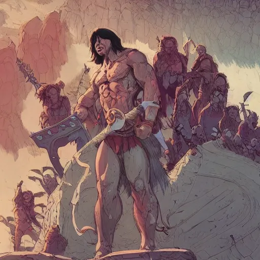 Prompt: conan the barbarian in the park, surrounded by children, illustration, wide shot, subtle colors, concept art by josan gonzales and wlop, laurie greasley, jordan grimmer and james jean, highly detailed, sharp focus, trending on artstation, hq, deviantart, art by artgem