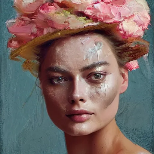 Image similar to happy very thick paint brush strokes paint texture full body fashion model very worn out very rusty margot robbie by Jeremy Lipking by Hasui Kawase by Richard Schmid (((smokey eyes makeup eye shadow fantasy, glow, shimmer as victorian woman in a long white frilly lace dress and a large white hat having tea in a sunroom filled with flowers, roses and lush fern flowers ,intricate, night, highly detailed, dramatic lighting))) , high quality