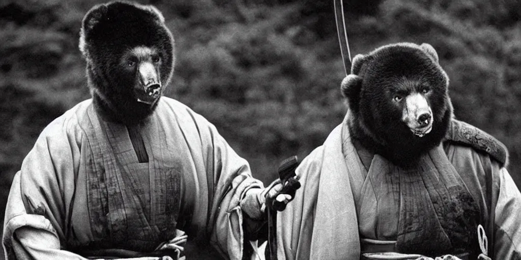 Image similar to scene from Shogun’s Shadow, 1989, movie still, cinematic, anthropomorphic, half man half asian black bear, black bear samurai, Moon Bear Samurai, epic, samurai