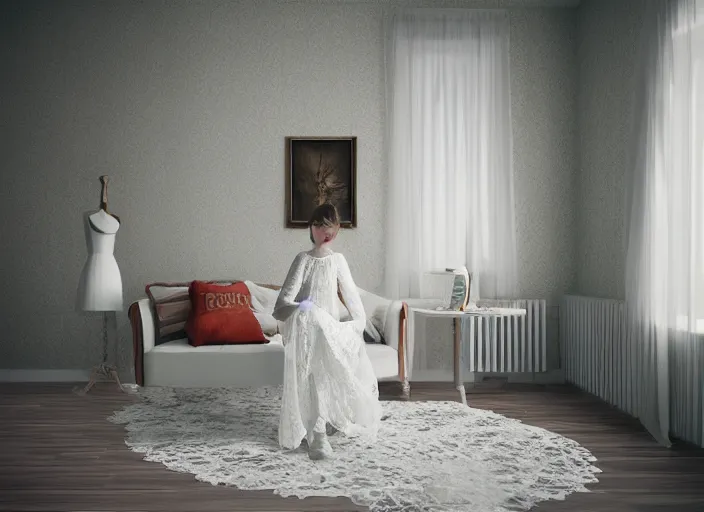 Image similar to kodak portra 4 0 0 photographic and realistic, 7 0 s living room, detailed, octane render, unreal engine, 4 k, artstation, hyper realistic, white lace dress flooded, wide angle, how river, 2 8 mm, sharp focus, soft light, volumetric light fog, in the style of gregory crewdson