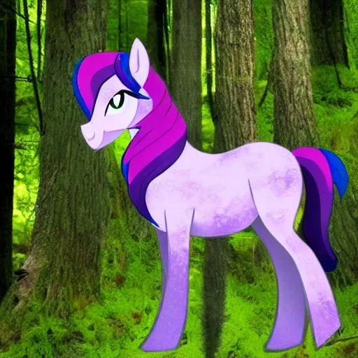 Image similar to photo of a wild horse in the woods that looks like a my little pony, feral vicious cryptid