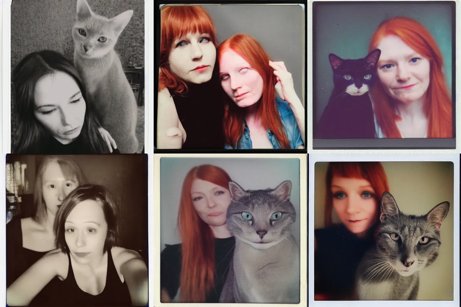 Prompt: realistic Polaroid selfie of a shy petite redhead and a bored grey cat