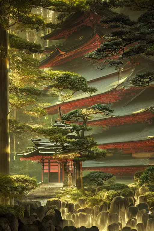 Image similar to Japanese Buddhist temple in the middle of a forest of bonsai and bamboo, powerfull, intricate, elegant, volumetric lighting, digital painting, highly detailed, artstation, sharp focus, illustration, concept art, ruan jia, steve mccurry