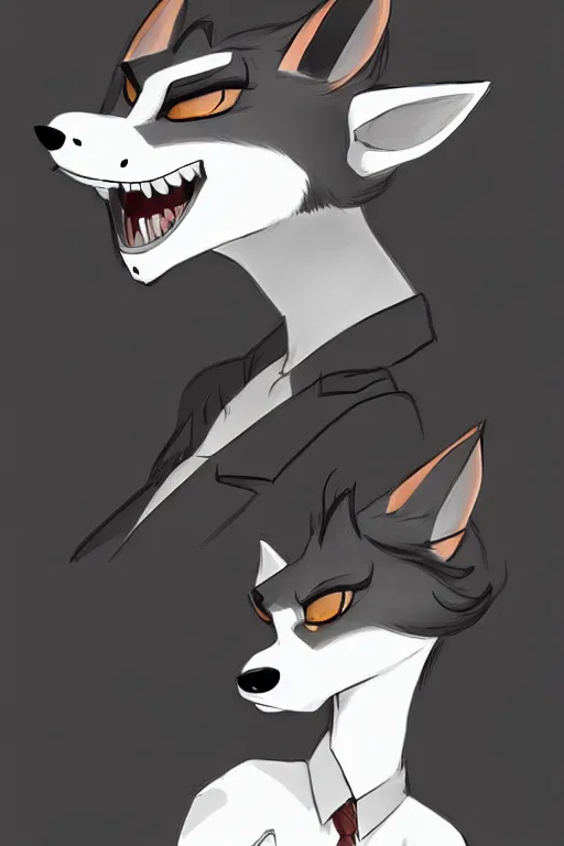 Image similar to art of anthromorphic female wolf, in style of cory loftis, female fursona, furry, furaffinity, 4 k, deviantart, furry art, fursona art, wearing black business suit, business suit, in style of cory loftis, wolf fursona, cyberpunk, female, very expressive detailed feminine face,