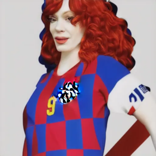 Prompt: Christina Hendricks with fc Barcelona kit, digital art, 3d render,