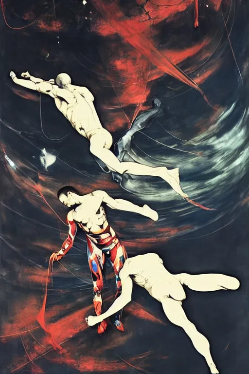 Image similar to two muscular men entwined, floating in space, zero gravity, dramatic movement inside a brutalist space ship, gothic, rich deep colours, painted by francis bacon, adrian ghenie, james jean and petra cortright, part by gerhard richter, part by takato yamamoto. 8 k masterpiece