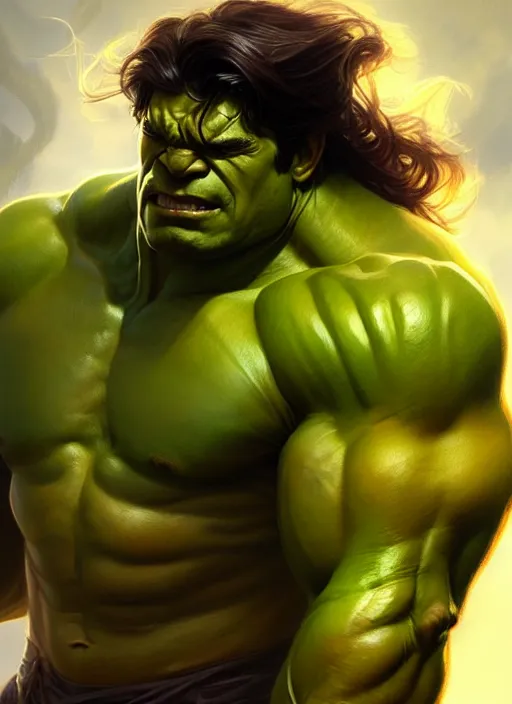 Image similar to Portrait of The Hulk, D&D, muscular, fantasy, intricate, elegant, highly detailed, digital painting, artstation, concept art, smooth, sharp focus, illustration, art by artgerm and greg rutkowski and alphonse mucha