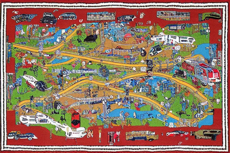 Prompt: an elaborate kids road map carpet rug, detailed, made of penned illustrations, by wes anderson and geoff darrow!!!!!