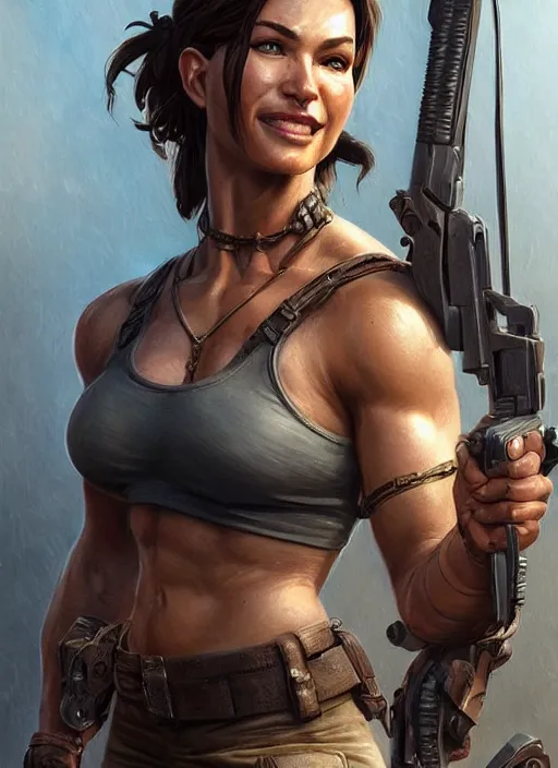 Image similar to muscled Lara Croft grinning as a ruggedly handsome heroine, intricate, elegant, highly detailed, centered, artstation, concept art, smooth, sharp focus, illustration, bokeh art by artgerm and donato giancola and Joseph Christian Leyendecker, WLOP