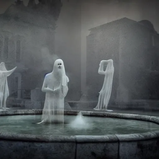 Image similar to the ghosts of the past, present and the future dancing around the fountain of youth and wisdom translucent transparent smoke photorealistic creepy dark foreboding unearthly ghoulish