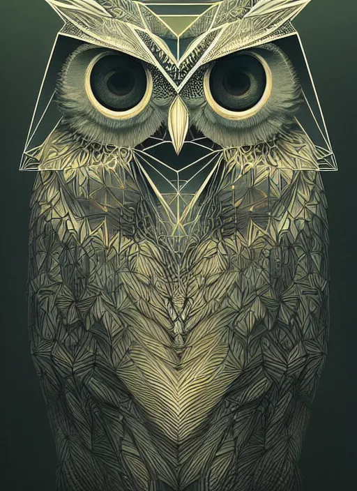 Image similar to portrait of a geometric owl, identical eyes, medium shot, illustration, full body made of white feathers, symmetrical, art stand, super detailed, cinematic lighting, and its detailed and intricate, gorgeous, by peter mohrbacher