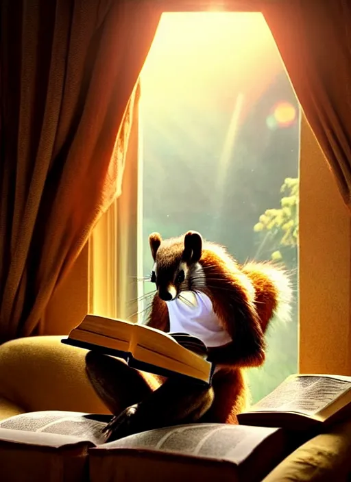 Image similar to A beautiful scene from a 2022 sci-fi film featuring a humanoid pine marten in loose clothing reading an ancient book on a couch. An anthropomorphic pine marten wearing a white shirt. Golden hour.