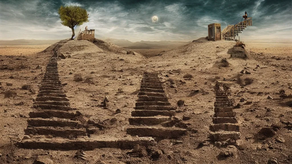 Image similar to stairs going nowhere in the middle of a desert, surrealism photography by Sarolta Bán