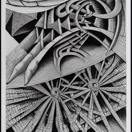 Image similar to eldritch god of madness, black ink on paper, m c escher