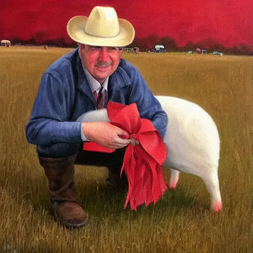 Image similar to a proud englishman farmer showing off his prized red ribbon hog at the county fair, oil painting