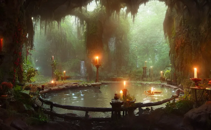 Prompt: painting of an interior of an elven hot spring with candles, natural light, fantasy, lush plants and flowers, natural light, concept art, by greg rutkowski and craig mullins, cozy atmospheric and cinematic lighting, trending on artstation