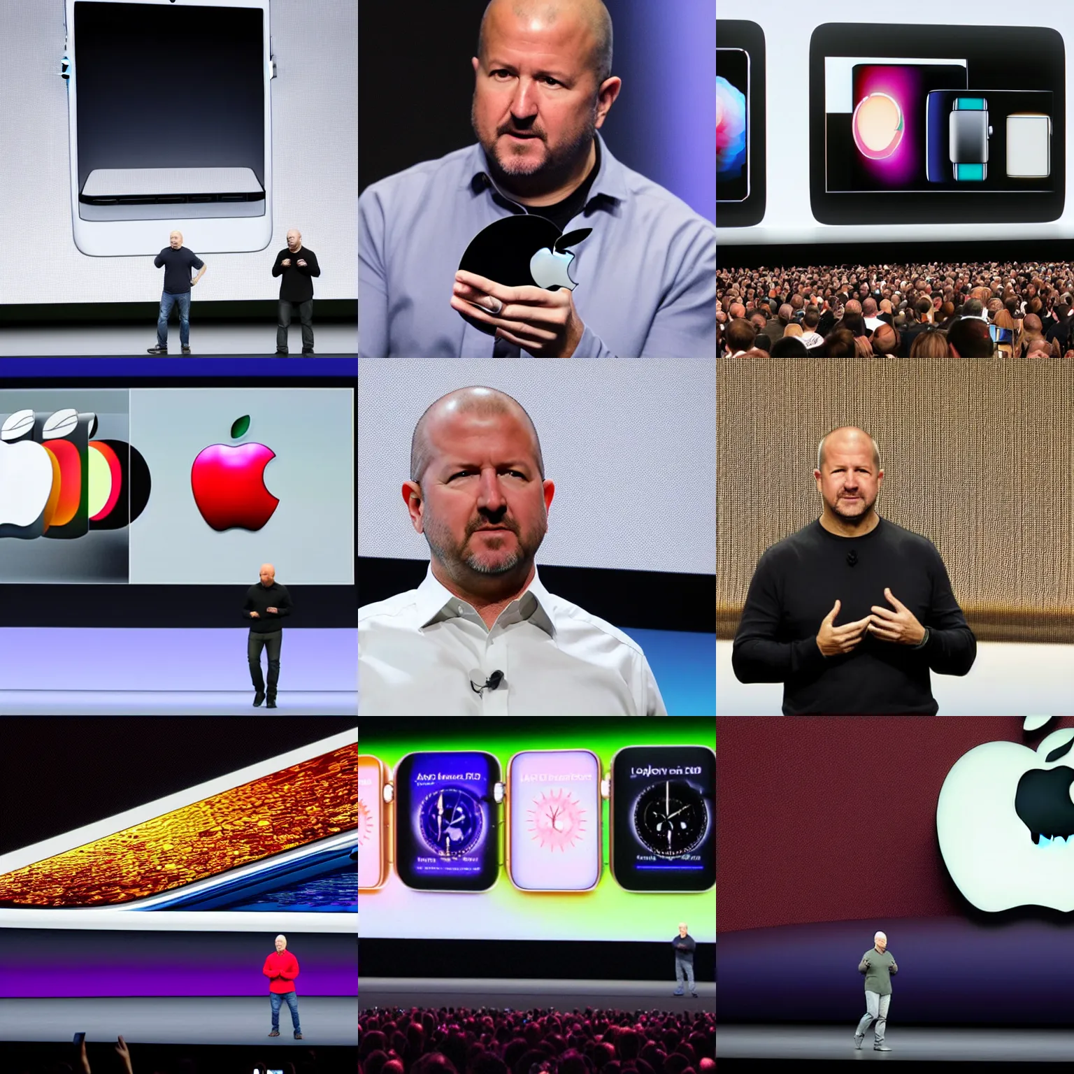 Prompt: jony ive introducing a brand new apple product, on stage