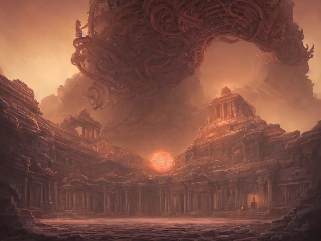 Prompt: A picture of an ancient temple with geometric patterns and tentacles coming out of the entrance art by Noah Bradley, Darek Zabrocki, Pablo Carpio, Jordan Grimmer and Natasha Tan, ominous, cosmic horror, trending on artstation, Ultra detailed, hyper realistic, 4k