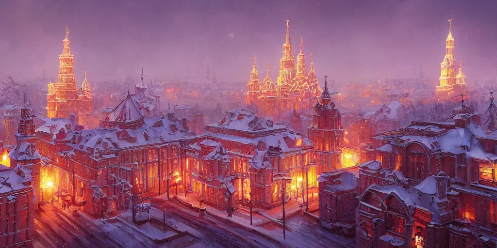 Image similar to A high detailed beautiful magical Soviet town, magic lights, magic mist, five-story panel buildings, oil painting, concept art, fantasy cityscape, Soviet constructivism, art by Ted Nasmith and James Gurney, high resolution, octane render, trending on artstation