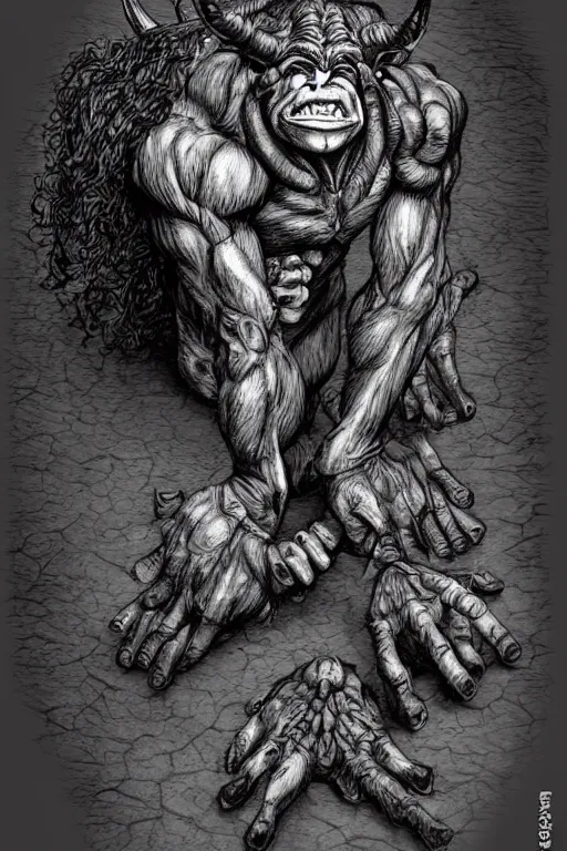 Image similar to humanoid hunched figure troll with 1 horn, ogre, ape, highly detailed, digital art, sharp focus, trending on art station, kentaro miura manga art style