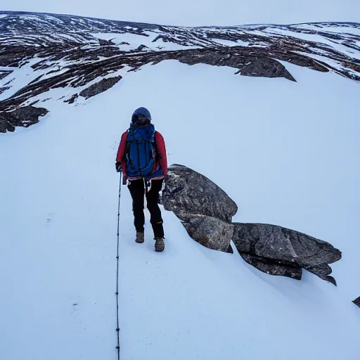 Prompt: trekking in the Halti mountain in the northen Finland, in style of Greg Rutkowski, width 768