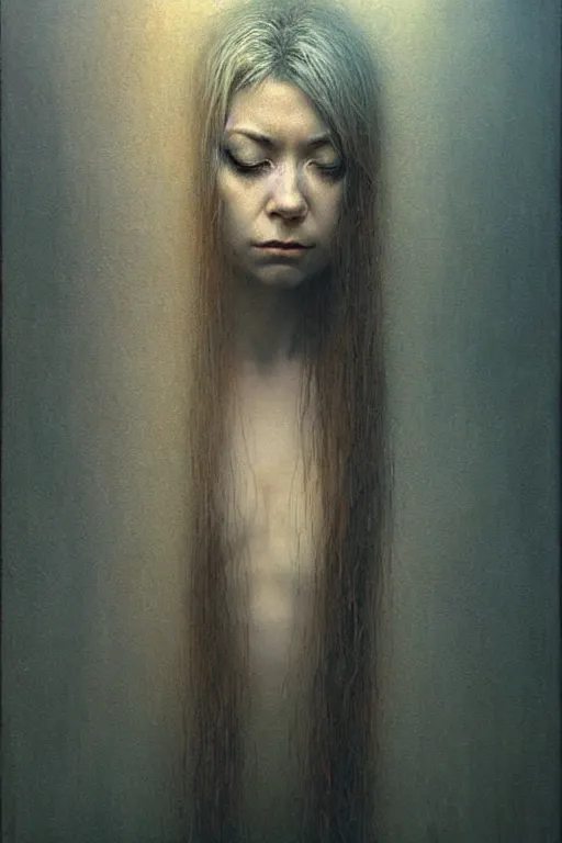 Image similar to female who looks like alyson hannigan by beksinski, luir royo