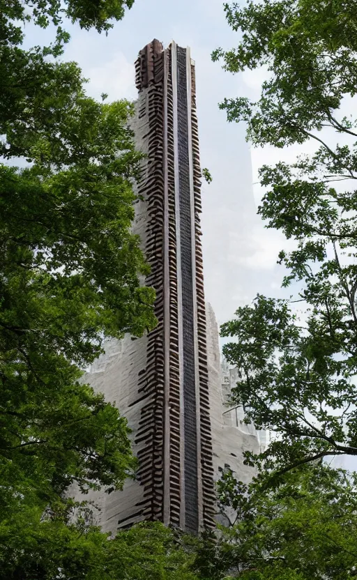 Prompt: a multi-tiered skyscraper in the style frank Lloyd wright’s falling water.