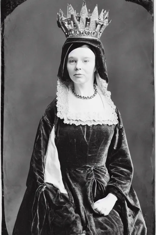 Image similar to a wet plate photo of a ferret dressed as anne boleyn, wearing a crown, wearing a robe