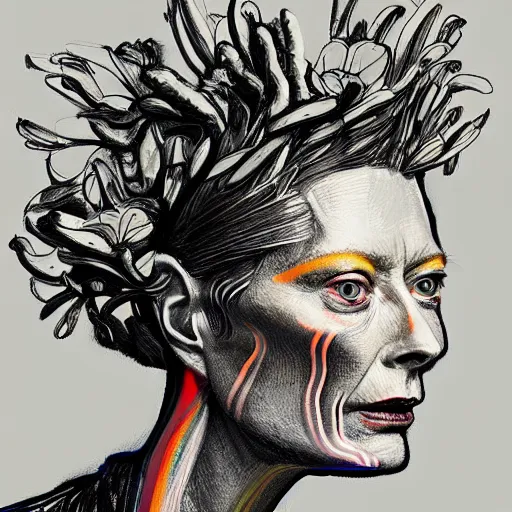 Image similar to a realistic yet sketched fierce neon tilda swinton, trending on artstation, by archan nair and marlene duma, intricate details, flowers, in the style of frank auerbach, in the style of martin ansin, in the style of david aja, in the style of mattias adolfsson