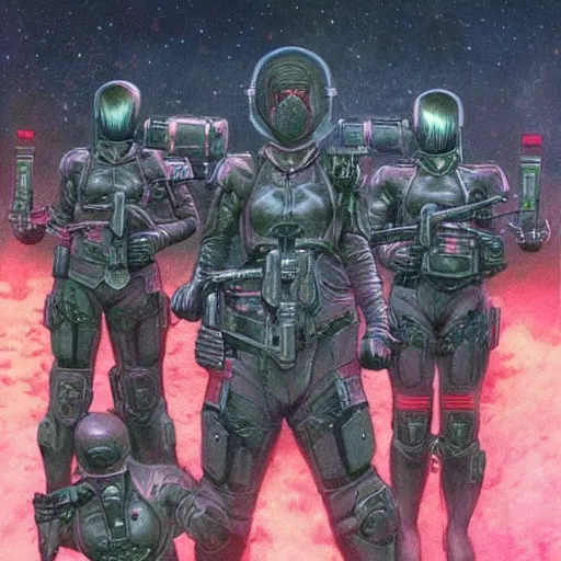 Prompt: all - female tactical scifi team, by wayne barlowe