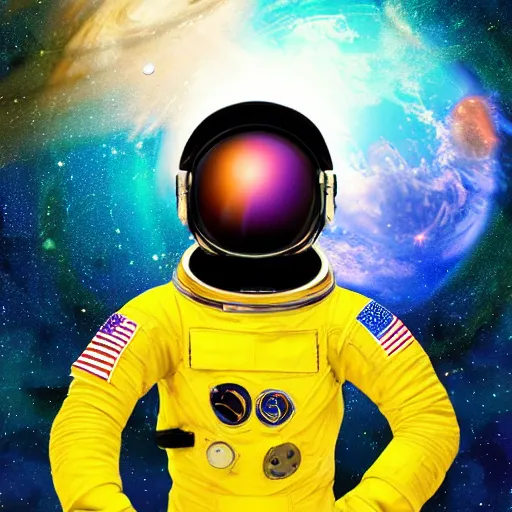 Image similar to astronaut in space, galactic background reflections on suit on one side and a yellow planet on the other side