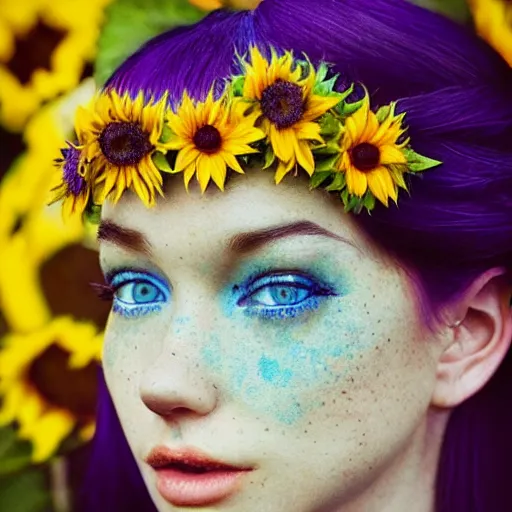 Image similar to a beautiful stunning matte digital portrait illustration of a blue-eyed woman with freckles and violet hair wearing a yellow sunflower crown, in the style of Ross Tran, trending on artstation, contest winner