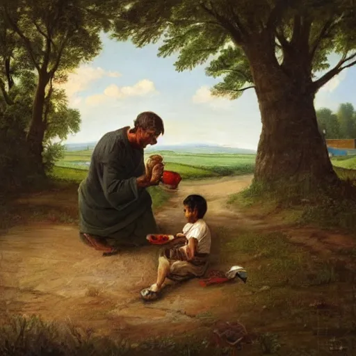 Image similar to painting of a man feeding a poor boy on a country road, surreal highly detailed