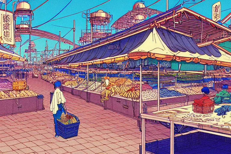 Prompt: cel-shaded study of a coastal city fish market a late renaissance city docks, key visual with intricate linework, in the style of moebius, ayami kojima, 90's anime, retro fantasy