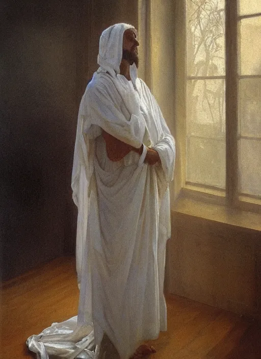 Image similar to an oil painting of a tall person in flowing white robes wearing a white venetian carnival mask standing in a gloomy dark room with hazy sunlight streaming through the window, in the style of john singer sargent, greg rutkowski, maxfield parrish and alphonse mucha