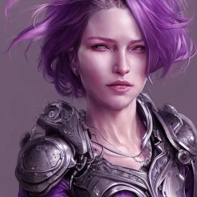 Image similar to close facial portrait of a pale woman in futuristic bionic armor with flowing purple hair, elegant, stoic, intense, ultrafine hyperdetailed illustration by kim jung gi, irakli nadar, intricate linework, sharp focus, bright colors, octopath traveler, final fantasy, hearthstone, highly rendered, global illumination, radiant light, detailed, intricate environment