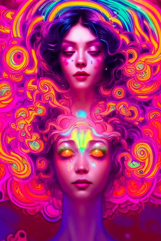 Image similar to a gorgeous woman surrounded by colorful liquid clouds and neon smoke, extremely detailed, psychedelic experience, psilocybin, dmt, lsd, face, highly detailed, artstation, chromostereopsis, digital art by hana yata, and artem demura and beeple, alphonse mucha, octane render, unreal engine, 8 k