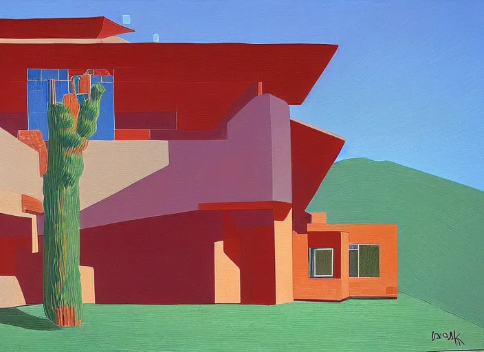 Image similar to painting of a frank lloyd wright house in the california desert by david hockney