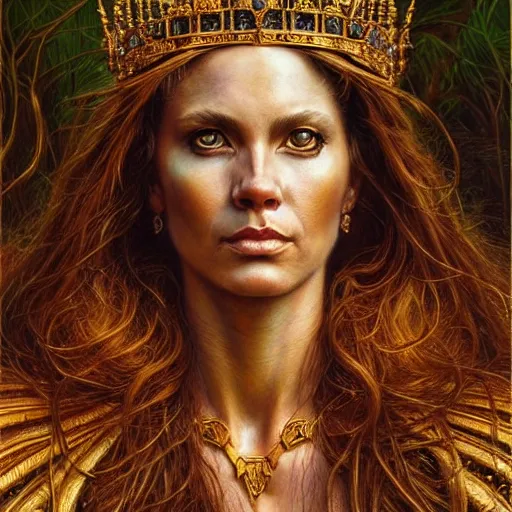 Image similar to highly detailed portrait of a majestic lioness queen in the form of a beautiful woman. d & d. art by donato giancola, brian bolland, ruan jia, steve mccurry. trending on artstation, intricate details, energetic composition, golden ratio, concept art, illustration, elegant art, global illuminaition